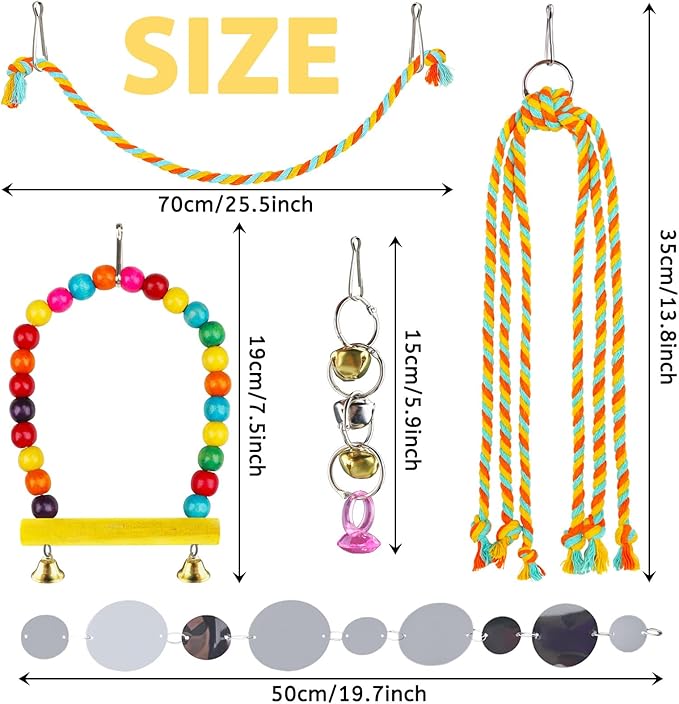 8 pcs Bird Toys for Parakeets with Colorful Ladder Hammock Bird Cage Accessories Bird Perch Stand Chewing Toys Hanging Bell Parrot-PurrikoPets