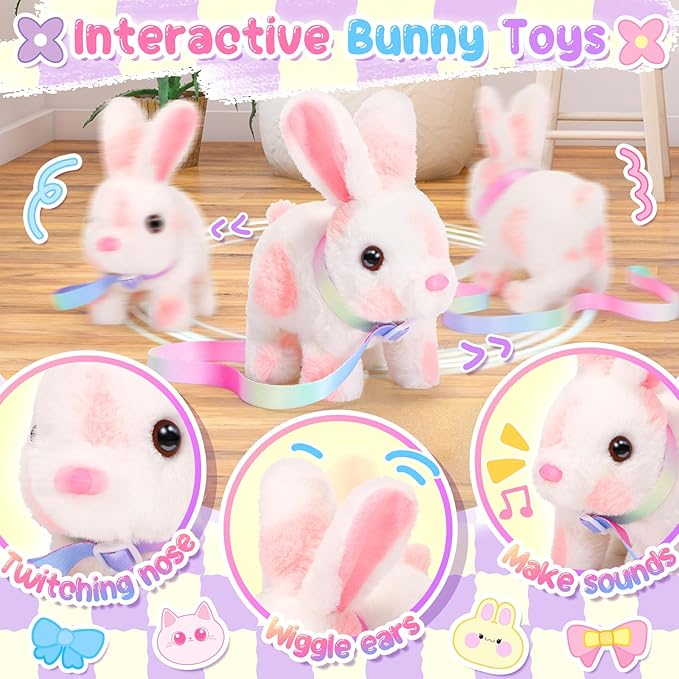 Easter Bunny Toys for Kids with Crossbody Bags, Easter Basket Stuffers Interactive Hopping Wiggle Ears Rabbit Toy, Pretend Play Robot Pet Care Cute Stuff for Girls Trip Plushies Birthday Gifts-PurrikoPets