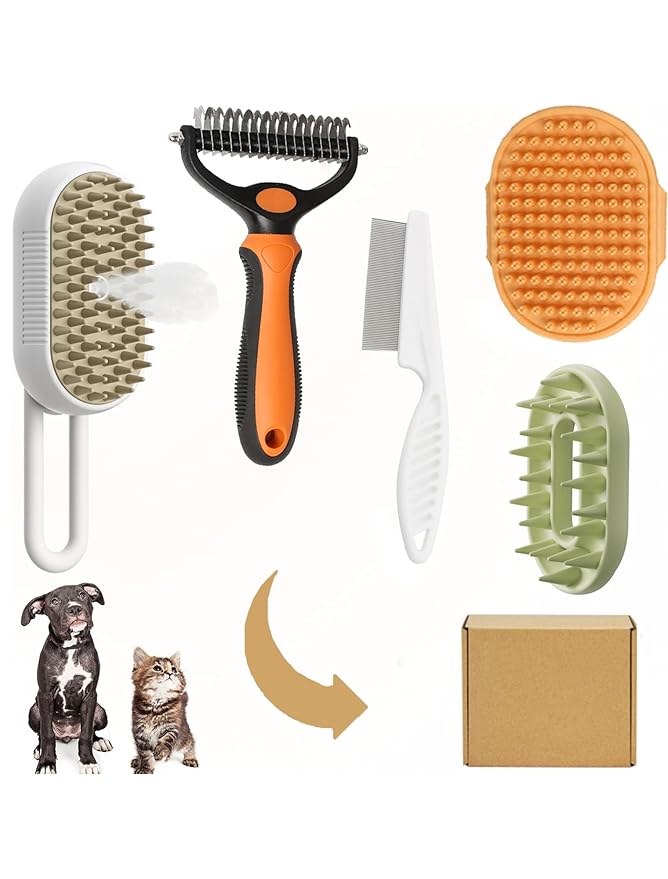 5 Pack Cat Steam Brush Kit - Pet Mist Water Brush for Dogs, Includes Steamy Brush, Undercoat Rake, Bath Brush, Flea Comb - Dynamic Dematting Tool-PurrikoPets