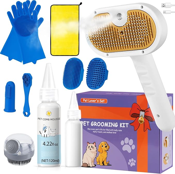 3-in-1 Pet Steam Brush Set for Dogs & Cats, Grooming Comb with Spray, Defur Tool, Water-Free Shampoo, Bath Gloves,Bath Brush, Tooth & Ear Brush, Towel (11PCS)-PurrikoPets