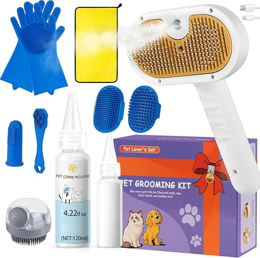 3-in-1 Pet Steam Brush Set for Dogs & Cats, Grooming Comb with Spray, Defur Tool, Water-Free Shampoo, Bath Gloves,Bath Brush, Tooth & Ear Brush, Towel (11PCS)-PurrikoPets