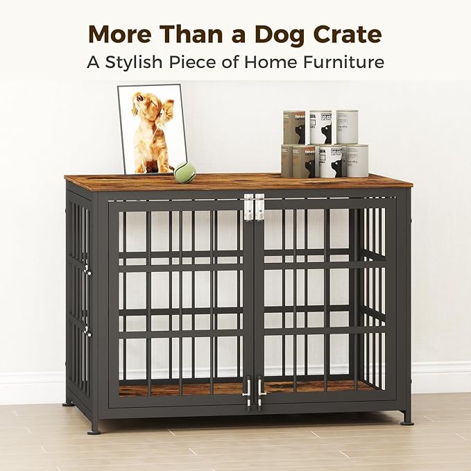 32 Inch Heavy Duty Wooden Dog Kennel End Table with Double Door Design and Secure Locks, Indoor Pet Crate Furniture for Medium Dogs, Decorative Home Cage Design,Aged Black-PurrikoPets