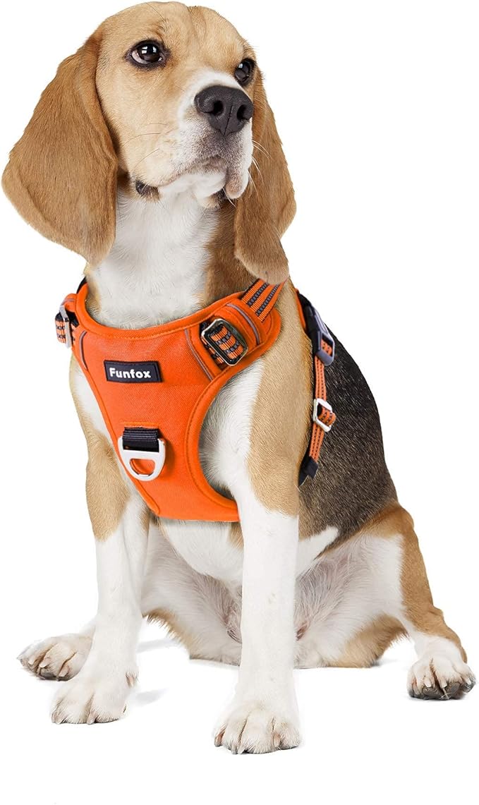 Funfox Dog Harness No Pull, Adjustable Pet Vest Harness, Super Soft Material with Vertical Handle Easy Control, Reflective Night Walking, 2 Leash Clips for Medium Sized Dogs, Orange, M-PurrikoPets