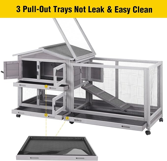 Aivituvin Rabbit Hutch Outdoor Rabbit Cage Indoor with Casters Bunny Cage Chikcen Coop for Small Animals with Pull-Out Tray(Grey)-PurrikoPets