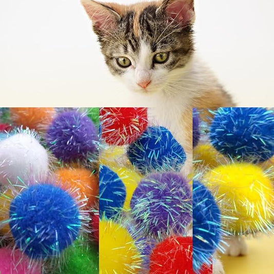 20 Pieces Mix Sizes Sparkle Pom Pom Balls for Cat - Interactive Glitter Balls, Multicolor, Best as Kitten Play Toys.-PurrikoPets