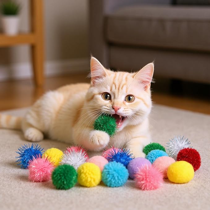 30 Pcs Cat Pom Pom Balls Assorted Color Sparkle Ball for Indoor Cats, Interactive Cats Toys Fuzzy Cat Balls Tinsel Glitter Chase Poms Poms Ball for Exercise and Entertainment-PurrikoPets