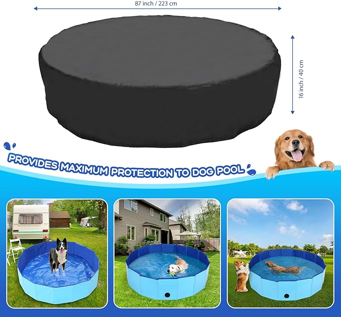 87 inch Foldable Dog Pet Bath Pool Cover, Portable Round Collapsible Pool Cover with Oxford Cloth Material and Drawstring Design for Dog Pet Pool, Waterproof and Dustproof (Black)-PurrikoPets