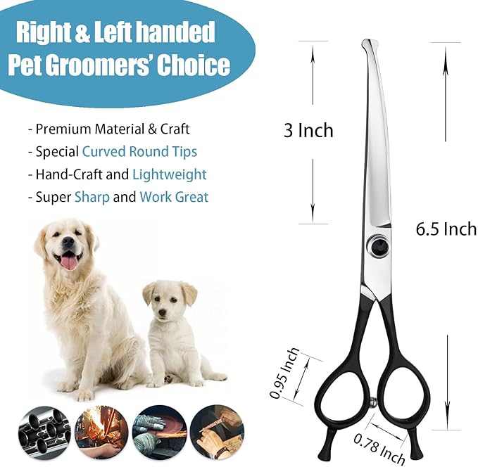 Dragon Creek 6.5" Downward Curved Dog Grooming Scissors Shears for Grooming Face and Paws Safety Round Tips Shears Trimming Cutting Scissors for Dog Cat Pet Black-PurrikoPets