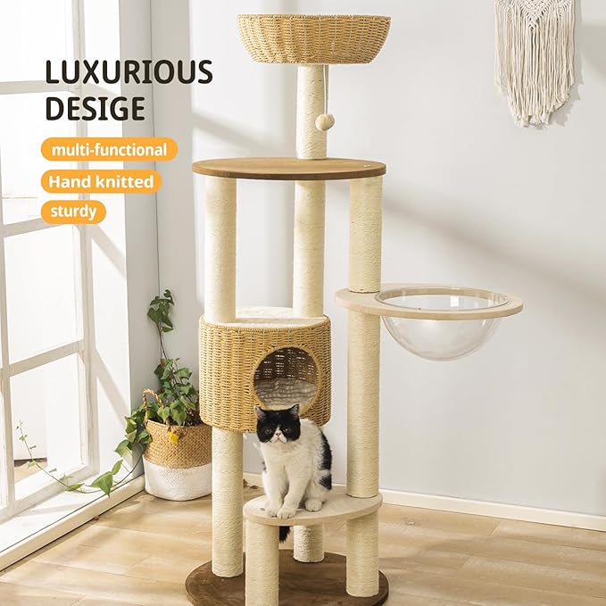 2025 Modern Cat Tree Tower for Large Cats, Advanced Space Module Cat's Nest, Hand Woven Multilevel Huge Paws Pals Tree, 7cm Natural Sisal Prop Wood, Scratching Cat Lover Gifts-PurrikoPets