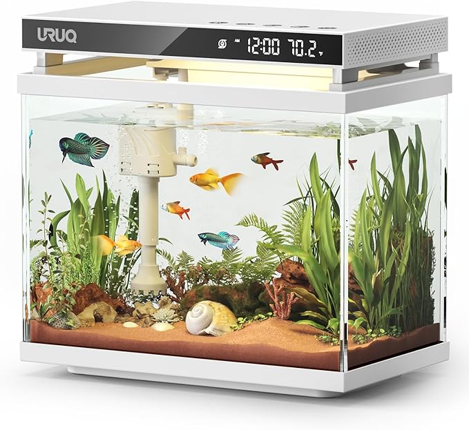 Fish Tank Smart Aquarium Kit: URUQ 2 Gallon Self Cleaning Multi-Layer Filtration System Silent Pump - UHD Glass 7-Color Lighting Temperature Monitoring - Fragrance Diffuser Humidifier White-PurrikoPets