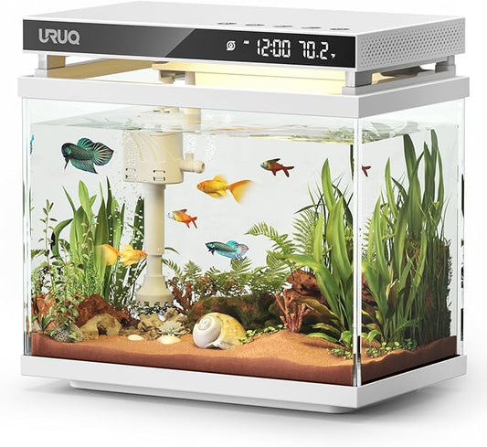 Fish Tank Smart Aquarium Kit: URUQ 2 Gallon Self Cleaning Multi-Layer Filtration System Silent Pump - UHD Glass 7-Color Lighting Temperature Monitoring - Fragrance Diffuser Humidifier White-PurrikoPets