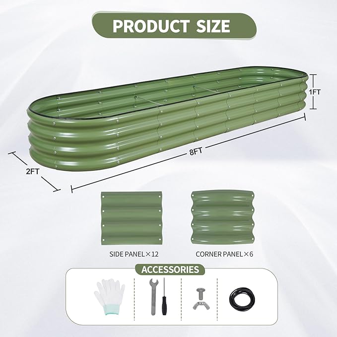Galvanized Raised Garden Bed - 8x2x1FT Metal Planter Boxes Outdoor | Oval Steel Raised Bed Kit for Gardening with Protective Tape, Bracing Rods, Gloves for Vegetables, Flower, Herb (Green)-PurrikoPets