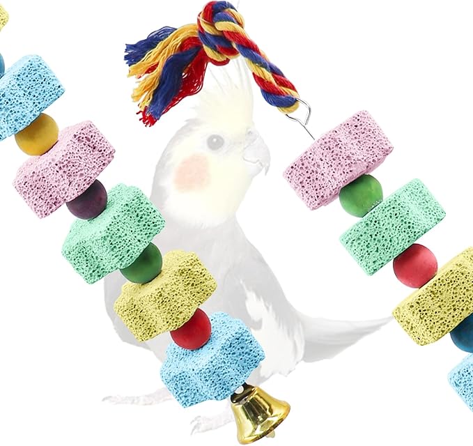 2 Pack Bird Chewing Toy, Colorful Parrot Beak Grinding Calcium Stone with Bells, Cage Accessories for Cockatiels Parakeets Parrots Budgies Lovebirds Rat Hamster Chinchilla Rabbit Bunny African Grey-PurrikoPets