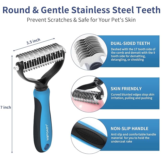 5 in 1 Dog Grooming Kit - Self-Cleaning Slicker Brush for Shedding Short Long Haired Dogs & Cats, Includes Pet Comb, Flea Comb, Bath Brush, Undercoat Rake - Complete Fur Care Set - Blue-PurrikoPets