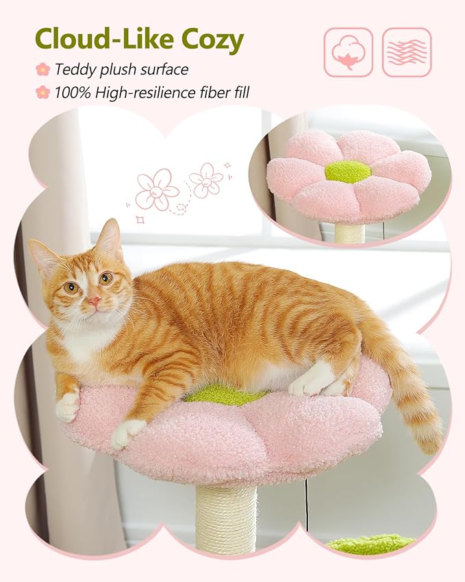 Flower Cat Tree, 28" Cat Tower with Cozy Flower Perch, Large Hammock for Indoor Small Cats, Cute Cat Tree with Sisal Scratching Post and Fur Toy Ball for Kittens, Pink-PurrikoPets