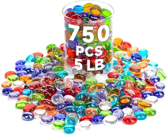 5 LB Mix Color Glass Beads, Mini Flat Glass Marbles~750PCS for Vases, Floral Bottom Mancala Gems Pebbles Fish Tank Rocks for Table Scatter Aquarium,Vase Fillers,Home Decorative Art Craft(0.5"~0.7")-PurrikoPets