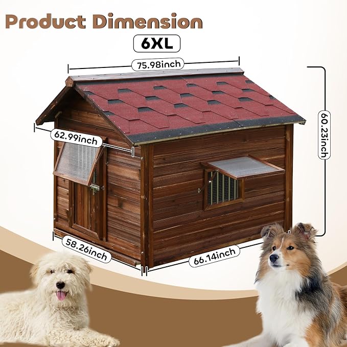 Dog House Outdoor,Solid Pine Wood Large Dog House for Big Breed,Weatherproof Dog Houses Outside with Door,Adjust Windows,Warm Dog Kennel for Outside-PurrikoPets