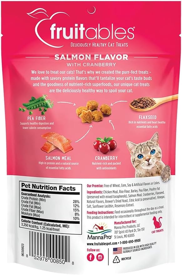 Fruitables Cat Crunchy Treats For Cats – Healthy Low Calorie Packed with Protein – No Wheat, Corn or Soy – Made with Real Salmon with Cranberry – 2.5 Ounces-PurrikoPets
