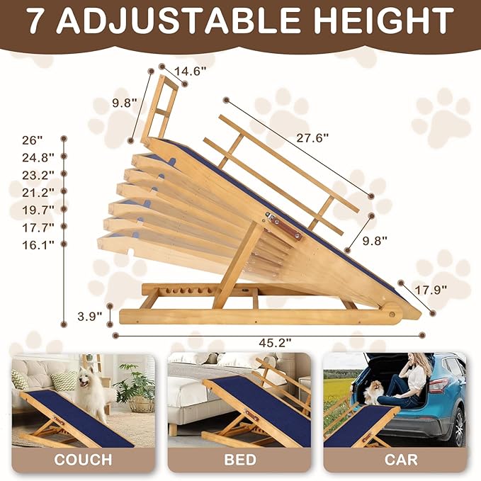 Dog Ramp for Beds, Cars, Couches, Dog Steps Anti-Slip Surface, Dogs Ramps for Old Small Pet,High Traction with Platform, 7 Adjustable Heights 16" to 27" Up, Portable Stairs Design for Dogs, 45.3" Long-PurrikoPets