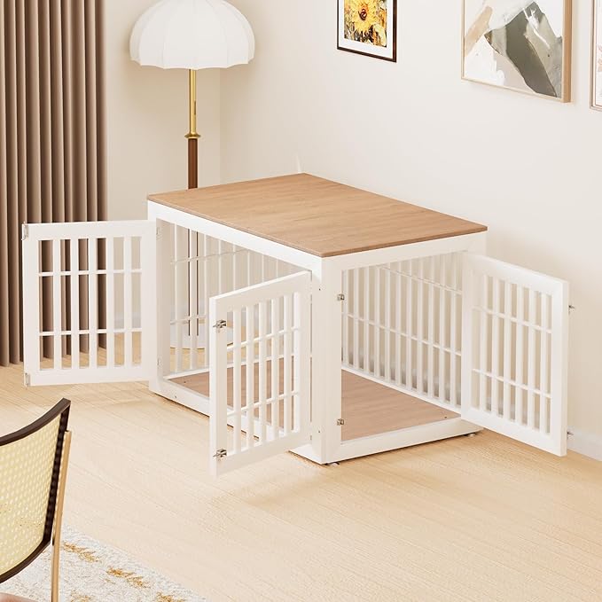 48" Heavy Duty Dog Crate Furniture for Small,Medium and Large Dogs,Rustic Wooden Dog Cage Kennel Indoor Furniture with Waterproof Top,Decorative Pet House Side End Table (White & Wood)-PurrikoPets