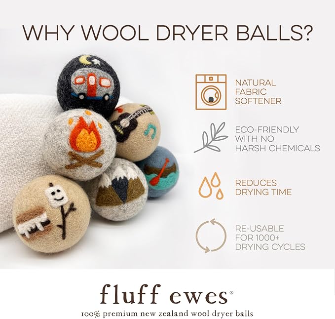 Fluff Ewes Wool Dryer Balls 6 Pack Premium New Zealand Wool Laundry Balls for Dryer, No Static Dryer Balls Laundry Reusable, XL Wool Dryer Balls Cute, Baby Dryer Balls for Dryers - are We There Yet-PurrikoPets