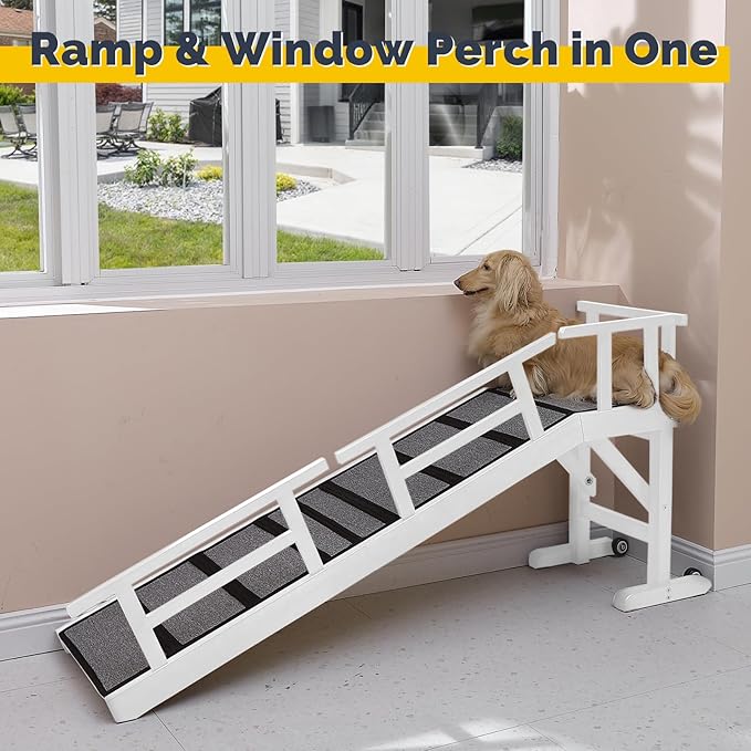 Dog Ramp for Bed or Couch, Wooden Pet Ramp with 20° Gentle Slope, Removable Side Rails, Non-Slip Surface, Top Platform & Wheels, Safe Bed Ramp for Small, Medium & Senior Dogs, 60" Long, White-PurrikoPets