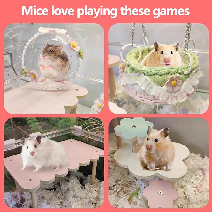 4-Pack Wooden Rat Cage Accessories - Platforms, Ladders & Hammocks Set for Chinchillas, Hamsters, Gerbils (for Iron/Wooden, Acrylic Hamster Cages + Customizable Layout) (11x6.7x5.5)-PurrikoPets