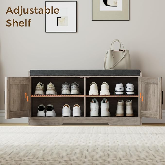 2-Tier Storage Bench, Shoe Bench with Thickened Padded Seat Cushion, Entryway Bench with 2 Doors, Adjustable Shelf, 13.8" D x 37.4" W x 18.5" H, for Entryway, Living Room, Bedroom, Greige-PurrikoPets