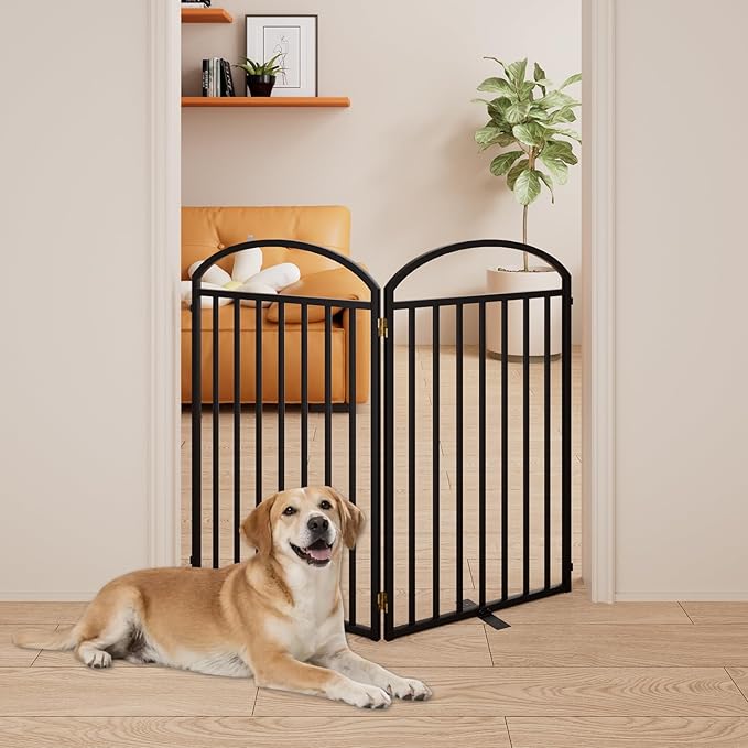 2 Panles Full Matel Freestanding Dog Gates with Door, 48"Extra Wide 36"Tall Free Standing Dog Pet Gate for Indoor & Outdoor. Foldable Pet Fences for Doorways, House, Stairs, Porch, Deck, Yard-PurrikoPets