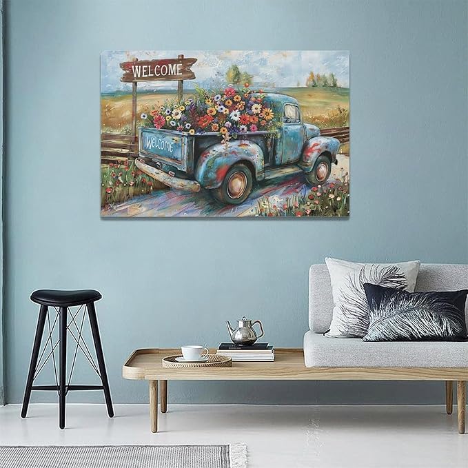 Farmhouse Truck Wall Art Rustic Country Wildflowers Wall Decor Road Flowers Landscape Pictures Canvas Print Painting Artwork for Bathroom Living Room Bedroom 16"x24"-PurrikoPets