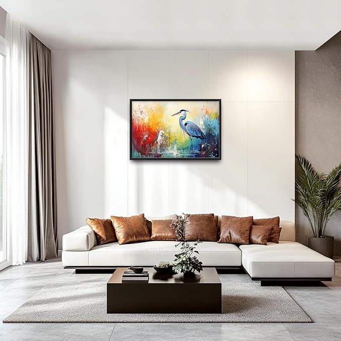 Extra Large Framed Abstract Heron Wall Art,Oversized Colorful Graffiti Heron Wall Decor Pictures for Living Room,Canvas Print Painting Modern Artwork Bedroom Office Bathroom Home Decor 36L x 24W-PurrikoPets