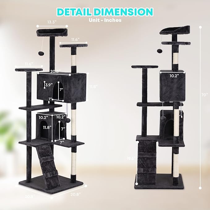 FDW Cat Tree 70in Cat Tower Multi-Level Durable Cat Scratching Post & Cozy Fun Cat Jumping Platform Space Saving Cat Condo Pet Play House for Indoor Cats,Dark Gray-PurrikoPets