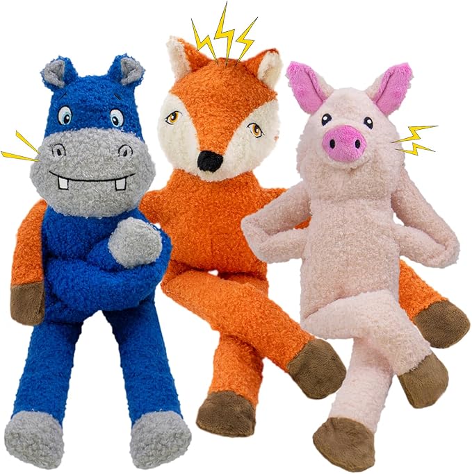 3 Pack No Stuffing Crinkle Squeaky Interactive Plush Dog Toys for Aggressive Chewers to Keep Puppy Busy for Boredom Small & Medium Breeds Furry Friend Teething Orange Fox Pink Pig Blue Hippo-PurrikoPets
