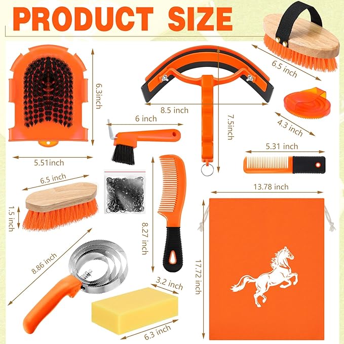 Abbylike 12 Pieces Horse Grooming Kit Racing Festival Tack Room Supplies Horse Brush Sets Equine Care Cleaning Kit Shedding Grooming Massaging Tools(Orange)-PurrikoPets