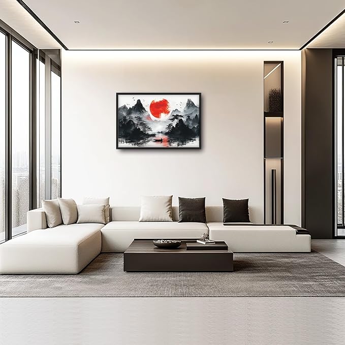 Framed Large Japanese Mountain Wall Art for Living Room, Oversized Asian Red Sun Lake Landscape Wall Decor Nature Canvas Painting Home Decoration for Living Room Bedroom Office 36"x24"-PurrikoPets