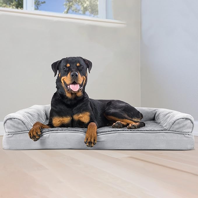Furhaven Orthopedic Dog Bed for Large Dogs w/ Removable Bolsters & Washable Cover, For Dogs Up to 95 lbs - Plush & Suede Sofa - Gray, Jumbo/XL-PurrikoPets