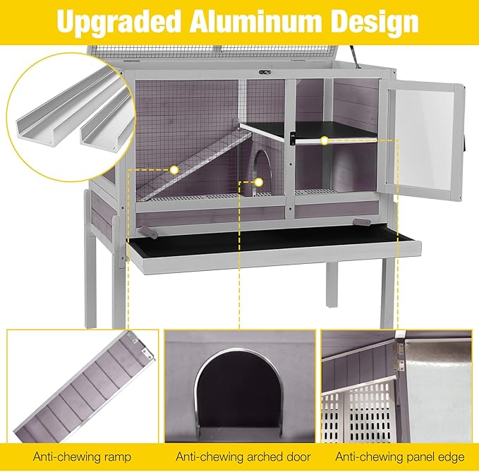 Aivituvin Wooden Guinea Pig Cages Indoor with Removable Stand, Anti Chewing Rabbit Hutch with Ramp and Wire Mesh, 2 Story Small Animals House Habitat with Pull Out Tray (Gray&Purple)-PurrikoPets