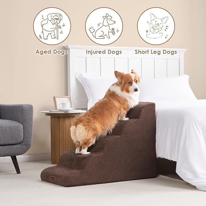 EHEYCIGA Curved Dog Stairs Ramp for High Beds, 5-Step Extra Wide Dog Steps for Small Dogs and Cats, Pet Stairs for High Bed Climbing, Non-Slip Balanced Pet Step Indoor, Brown-PurrikoPets