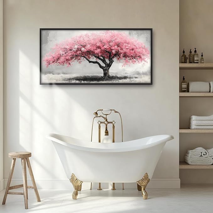 Extra Large Framed Pink Tree Wall Art,Abstract Tree of Life Wall Decor,Pink and Grey Pictures for Living Room,Canvas Print Painting Modern Artwork Bedroom Office Bathroom Home Decor 60L x30W-PurrikoPets