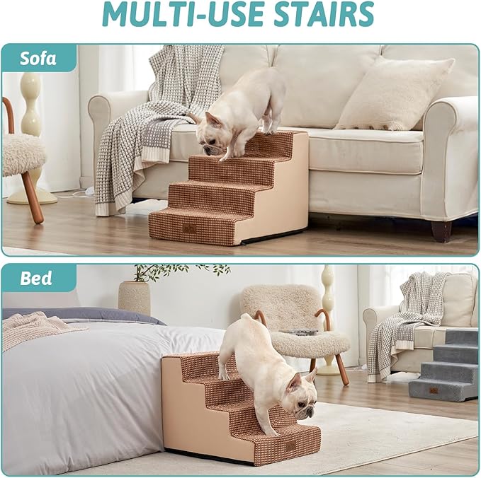 Dog Stairs for Small Dogs, 4 Tier Wider Pet Stairs for Couch and Beds, 17.7" H Non-Slip Dog Steps for Old Cats, Puppy, Small Medium Dogs, 17.7x23.6x17.7 inch, Light Brown-PurrikoPets