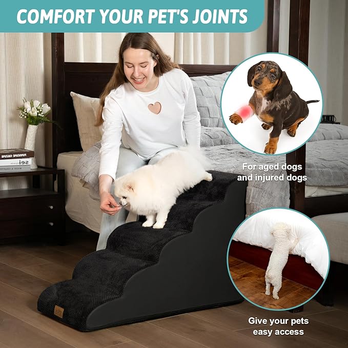 Dog Stairs for High Bed 22.6" H, Small Dog Step for Puppy, Older or Cat, Curved Ramp for Car, Ladder with High Density Foam, Lightweight, Durable, 15.7x33x22.6 inch, 5 Step, Black-PurrikoPets