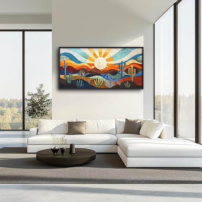 Extra Large Framed Abstract Boho Desert Wall Art, Sun Cactus Landscape Wall Decor Pictures for Living Room,Cacti Canvas Print Painting Modern Artwork Bedroom Office Bathroom Home Decor 60L x 30W-PurrikoPets