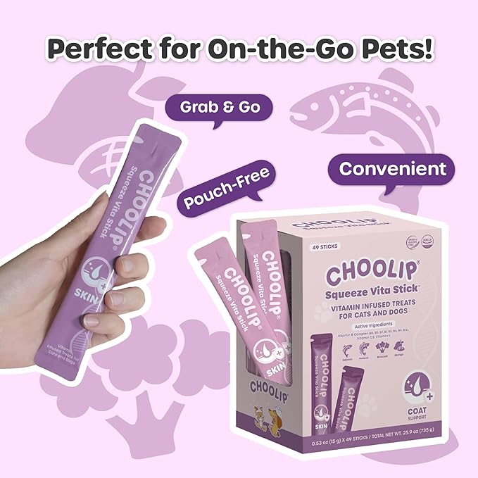 Grab & Go Squeeze Vita Stick Lickable Treats for Dogs & Cats. 49 Coat Support Sticks with Essential multivitamins. Soft and Tasty Paste for All Life Stages, Supporting Coat Health-PurrikoPets