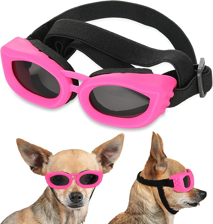 Dog Sunglasses Small Breed, Small Dog Goggles with Adjustable Straps, UV/Wind/Dust/Fog Proof Dog Eye Protection Sunglasses for Outdoor Car Driving Riding, Pink-PurrikoPets