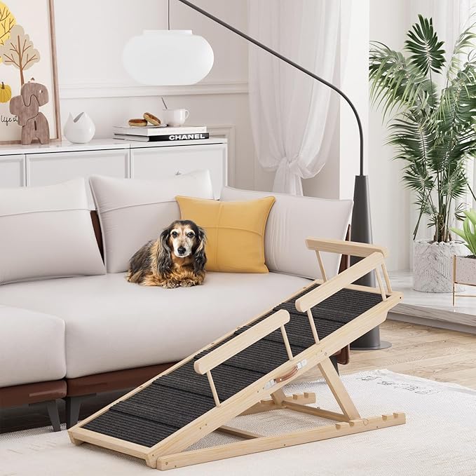 Dog Ramp for High Bed, Couch, Car, Pet Ramps 55.12" Long Adjustable 19.7"-27.6" Wooden Dog Step with High Traction Mat & Safety Side Rails for Small Medium Large Older Pets, up to 250 lbs-PurrikoPets