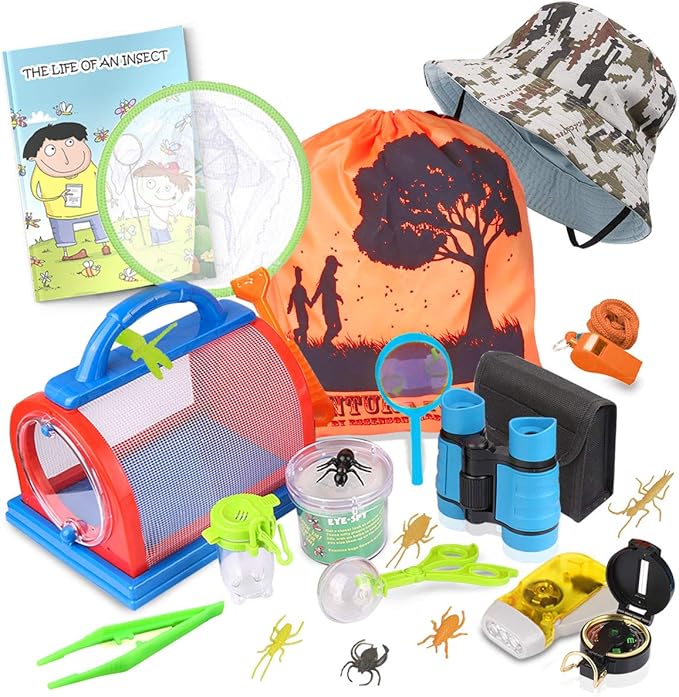 ESSENSON Outdoor Explorer Kit & Bug Catcher Kit with Binoculars, Compass, Magnifying Glass, Critter Case and Butterfly Net Great Toys Kids Gift for Boys & Girls Age 3-12 Year Old Camping Hiking-PurrikoPets