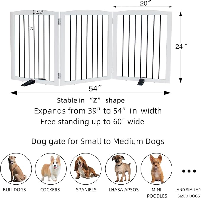 Freestanding Panel Dog Gate for Indoor Doorways, Stairs, or Hallways - Foldable Wooden Pet Gate, 24" Height - 3 Panels, White-PurrikoPets