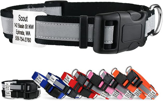 GoTags Reflective Personalized Dog Collar with Nameplate, Adjustable Dog Collar with Custom Engraved Steel Slide On Pet ID Tag, Silent, No Noise Dog Tag for Large Medium or Small (Black, Medium)-PurrikoPets