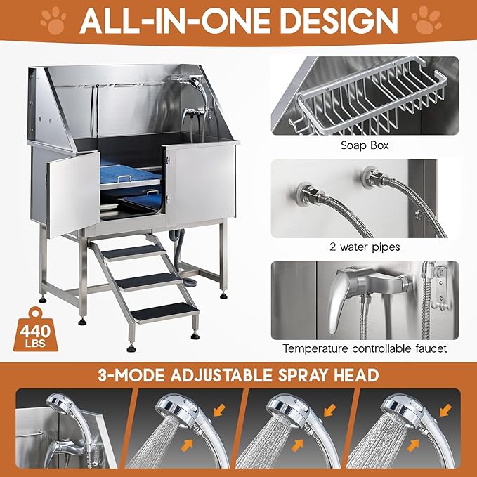Albott 50-Inch Stainless Steel Dog Washing Station with Anti-Slip Steps, Sprayer, Faucet, and Soap Box – Professional Pet Bathtub for Medium/Small Pets, Ideal for Home, Garage, and Grooming(Left)-PurrikoPets