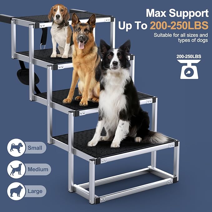 Extra Wide Dog Stairs for Large Dogs, Foldable Dog Ramp for Car with Non-Slip Surface, Dogs Stairs for Cars, High Beds, Truck, Supports up to 250 lbs, 4 Steps-PurrikoPets
